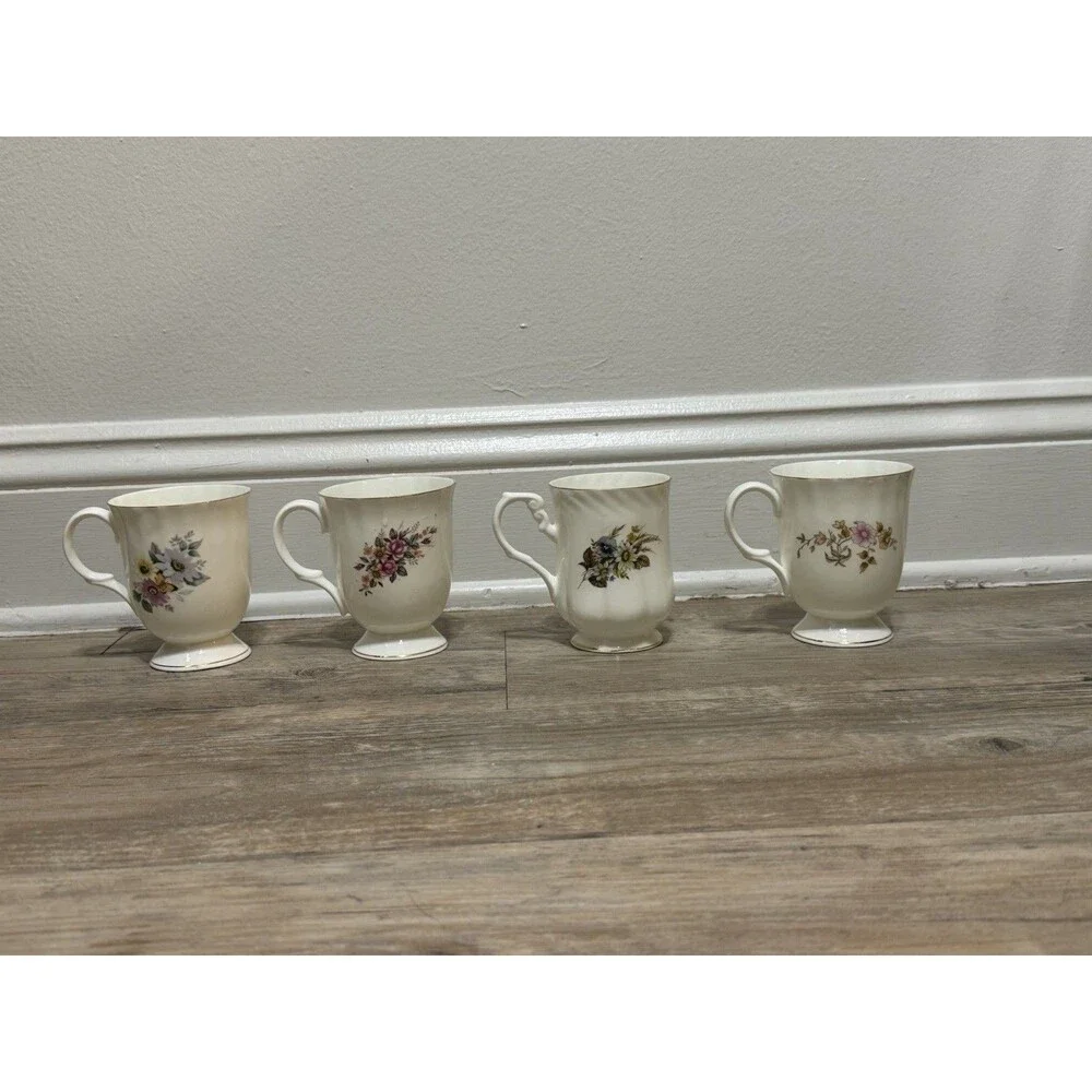 Vintage Set Of 4- Kings Court Coffee Cup Flower Mugs- India Fine Bone China